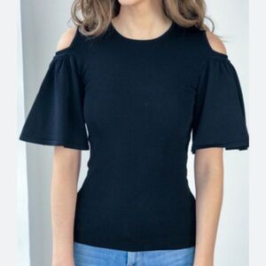 Ganni Evangel Ruffled Cold Shoulder Knit Top Black
